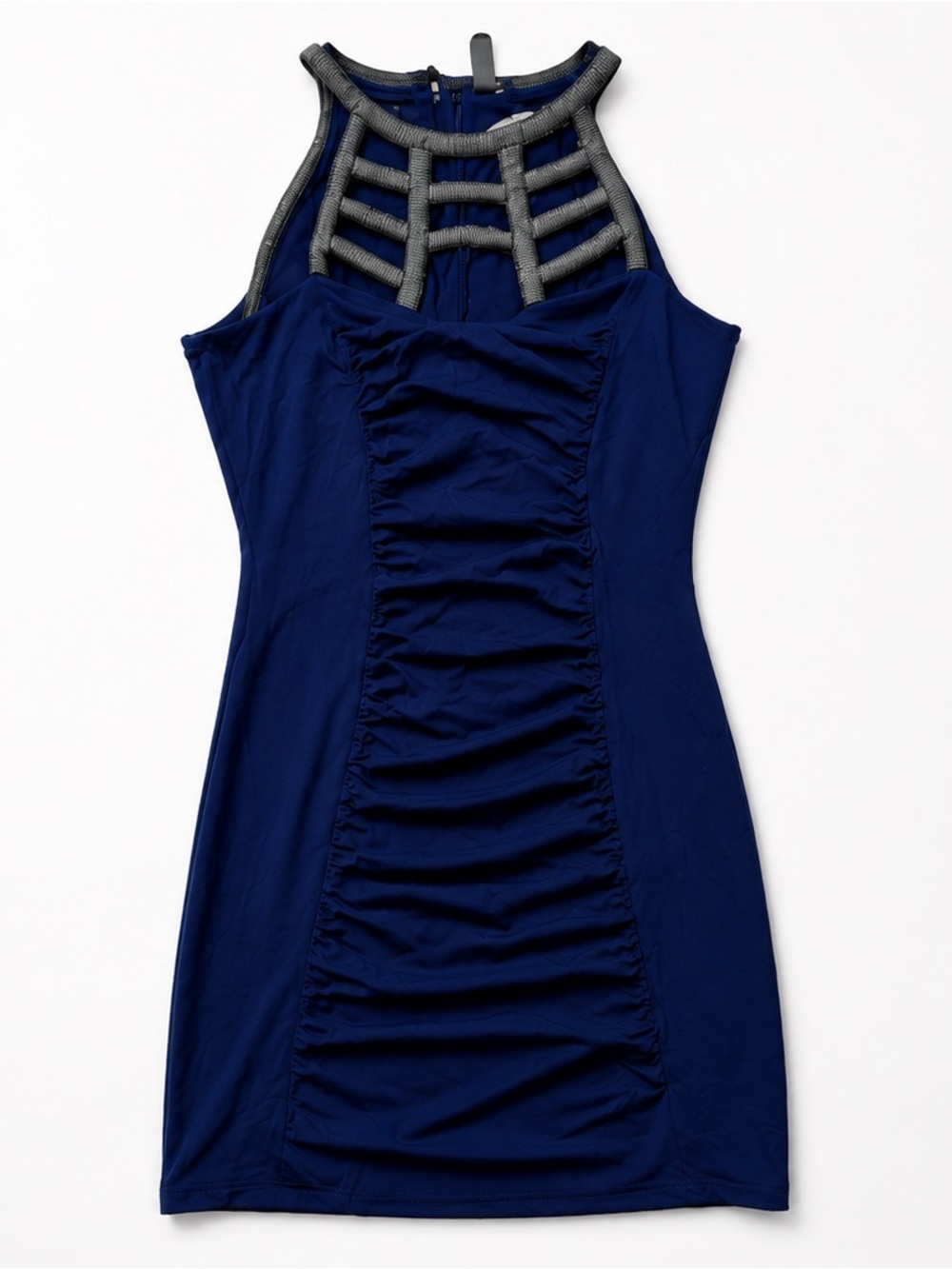 Navy Ruched Bodycon Dress with Ladder Halter Detail